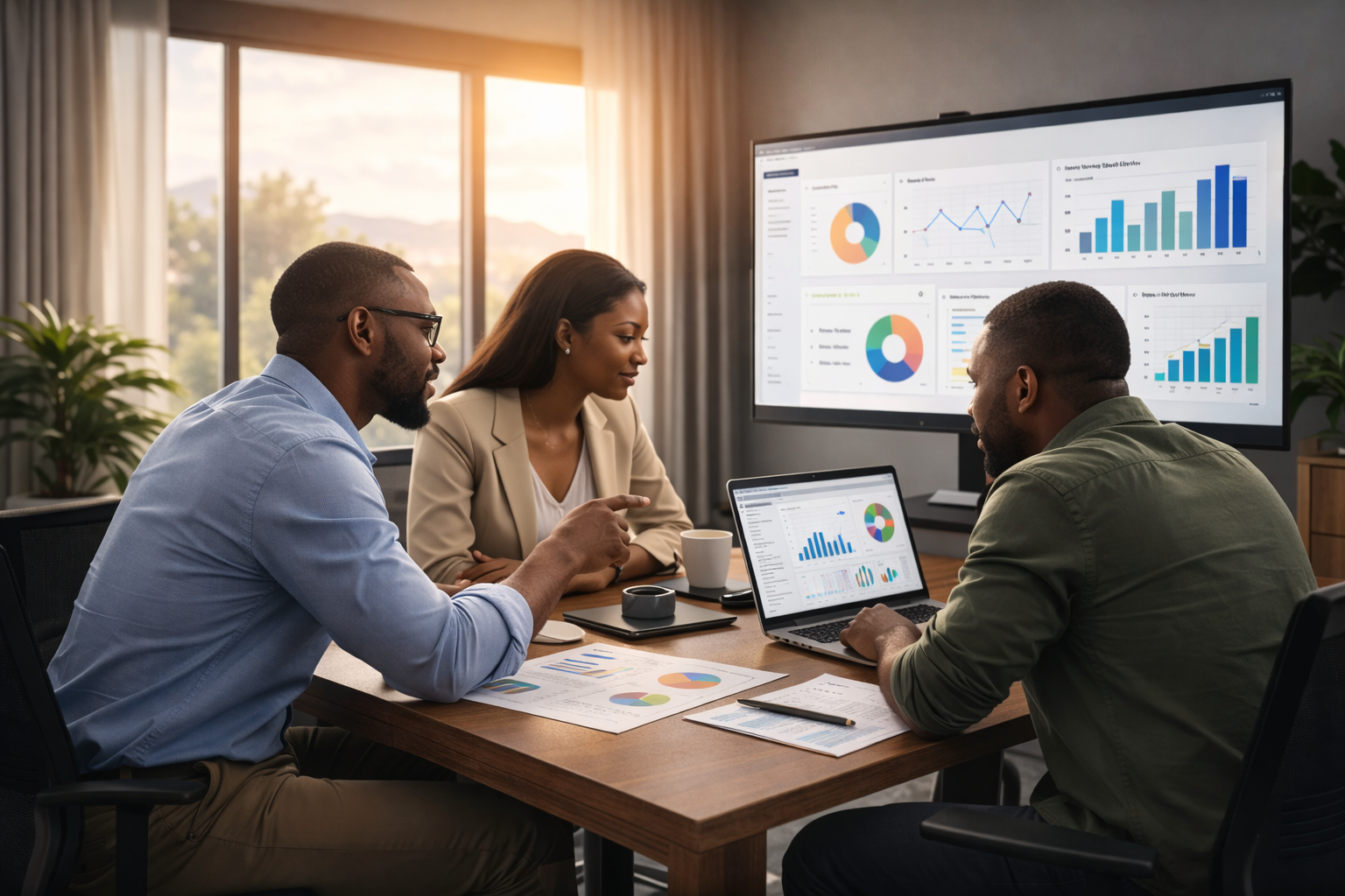 Team reviewing reporting dashboards together in a modern office