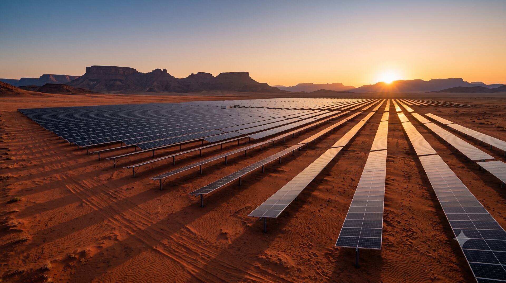 Rows of solar panels in a desert at sunrise